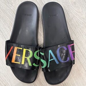 Versace Rainbow Logo Slides Black Designer Sandals (Est. Women’s 11 / Men’s 9.5)